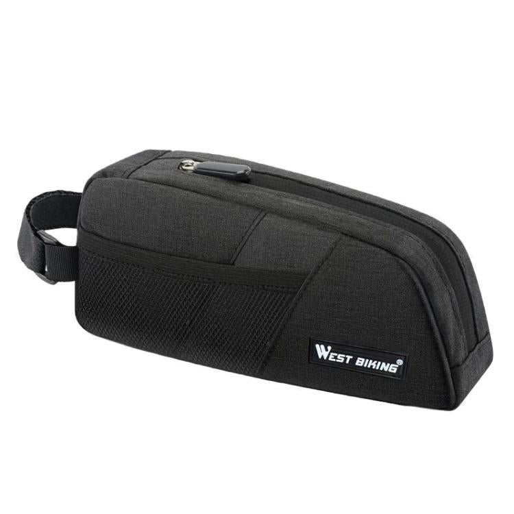 Black bike top tube bag with zipper and adjustable strap, West Biking logo.