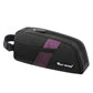 Black bike top tube bag with purple interior panel, zipper and adjustable strap.
