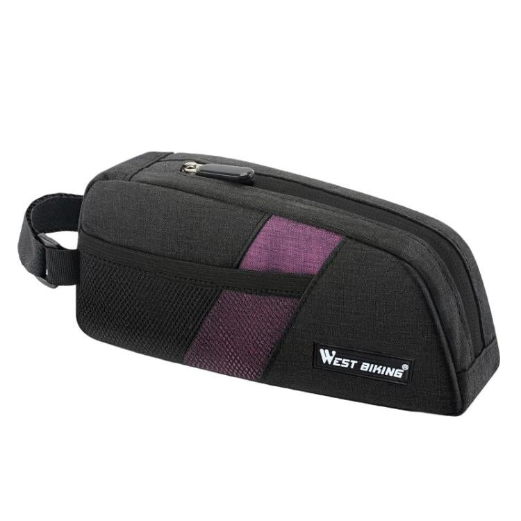Black bike top tube bag with purple interior panel, zipper and adjustable strap.