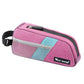 Pink bike top tube bag with blue accents, zipper closure, mesh side pocket.
