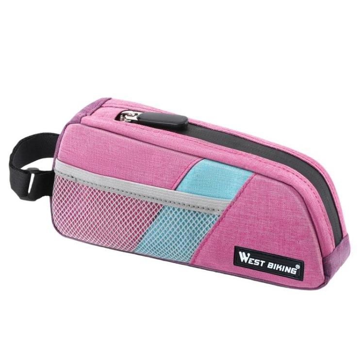 Pink bike top tube bag with blue accents, zipper closure, mesh side pocket.