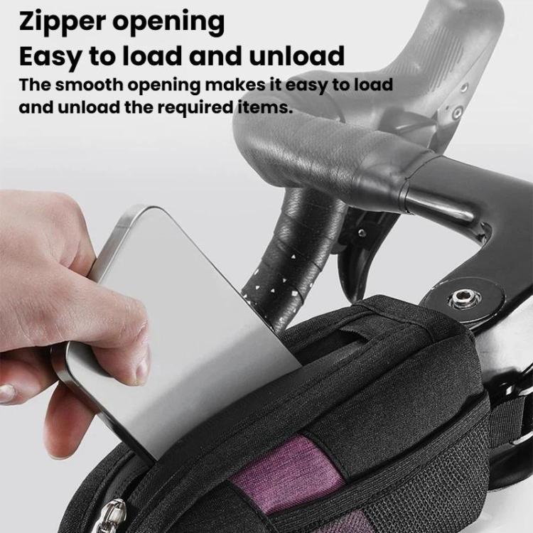 Black bike top tube bag open at zipper, showing interior compartment and purple panel.