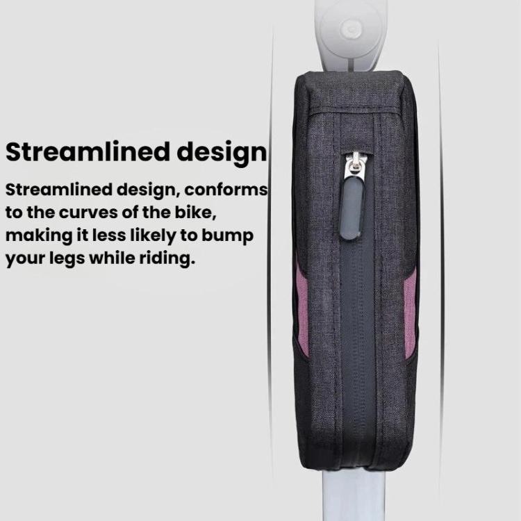 Black bike top tube bag with streamlined shape, mounting strap and purple panel.