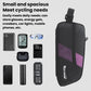 Black bike top tube bag with textured fabric and purple panel, front mounting strap.