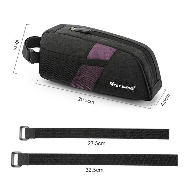 Black bike top tube bag with purple panels, zip closure, and adjustable strap