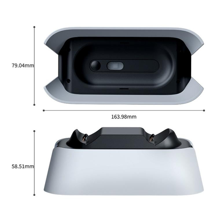 White dual controller charging dock size diagram with open charging bay