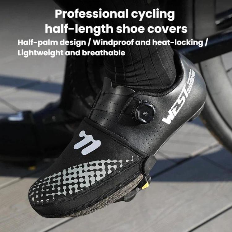 WEST BIKING reflective shoe cover worn over black cycling shoe, half-length