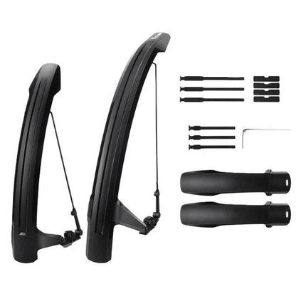 Extended bike front and rear fender set with black mounting hardware and parts