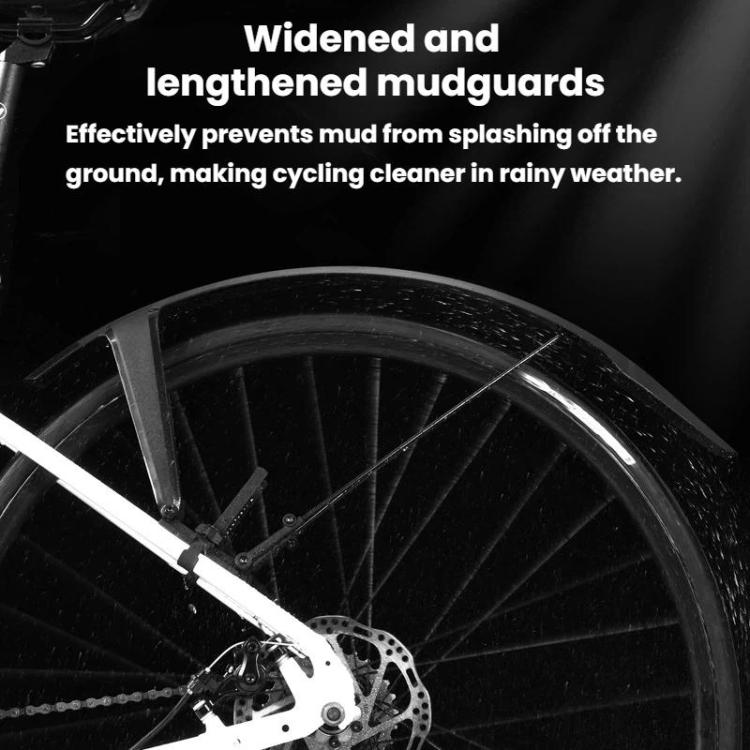 Front wheel with widened black mudguard for splash protection