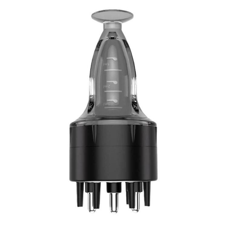 Black scalp serum applicator with roller massage comb and multiple dispensing tips