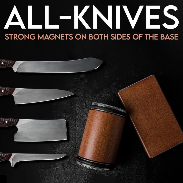 Brown magnetic roller sharpener cylinder with base magnets for sharpening knives