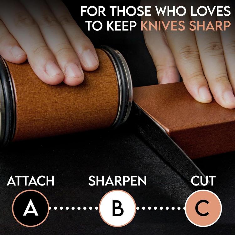 Hands using a brown magnetic roller knife sharpener on a metal blade
