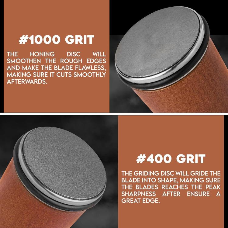 Brown magnetic roller sharpener with gray honing disc lids (#1000 and #400 grit)