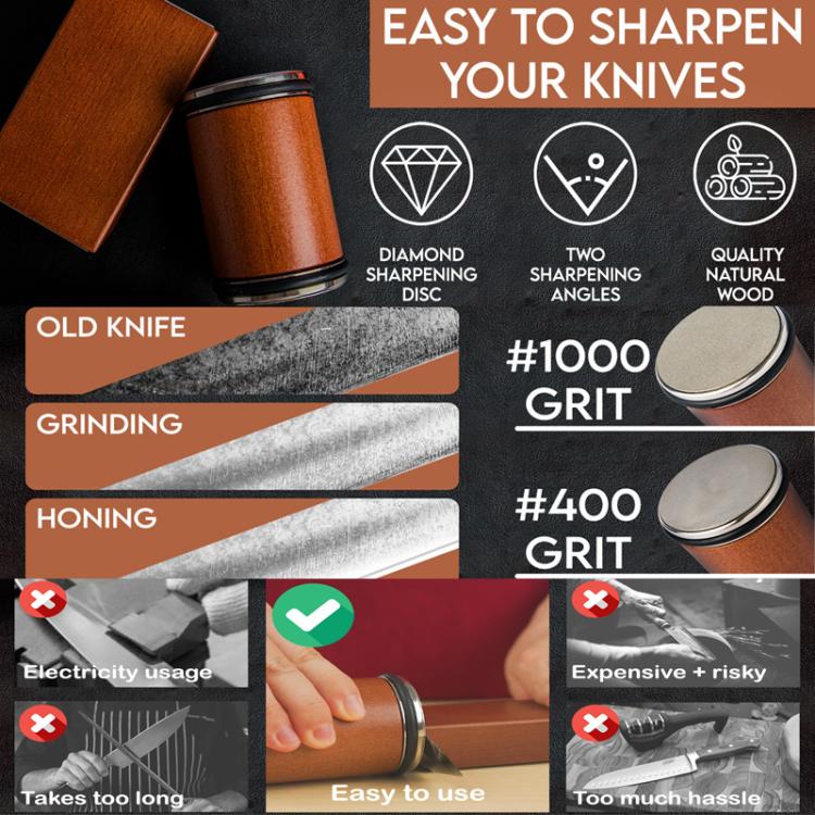 Brown magnetic roller sharpener set with honing discs for sharpening knives