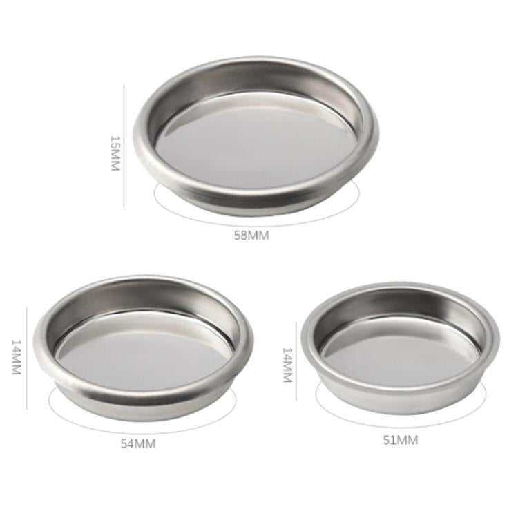 Three stainless steel blind basket discs: 58mm, 54mm, 51mm with depth labels