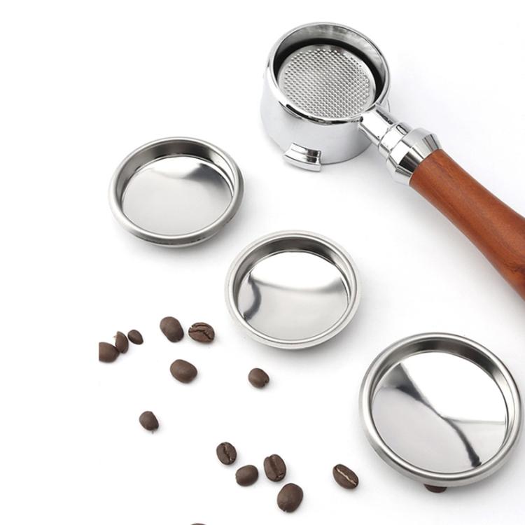 Stainless steel coffee backflush blind basket set with wooden-handled sprayer and coffee grounds