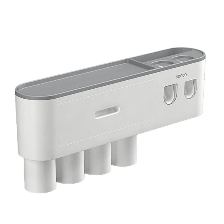 White toothbrush holder with multiple cups and dual toothpaste dispenser top section