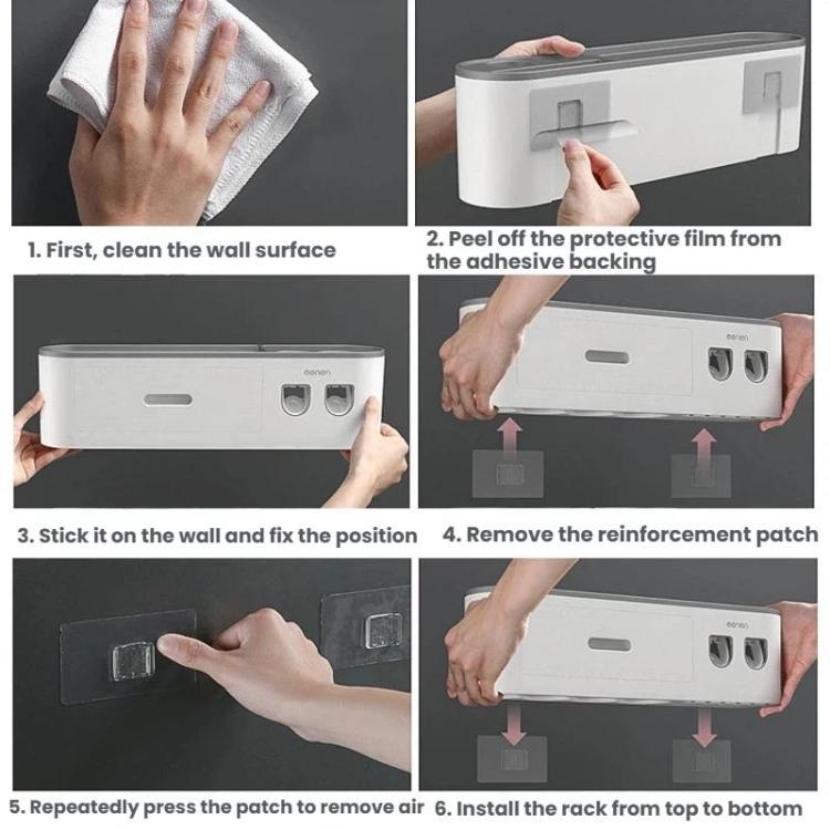 White adhesive wall-mounted toothbrush holder installation with dispenser and cup slots