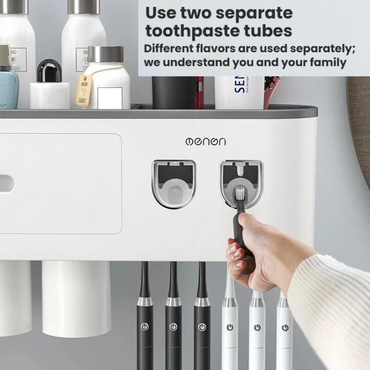 White dual toothpaste dispenser toothbrush holder with hand loading two tubes