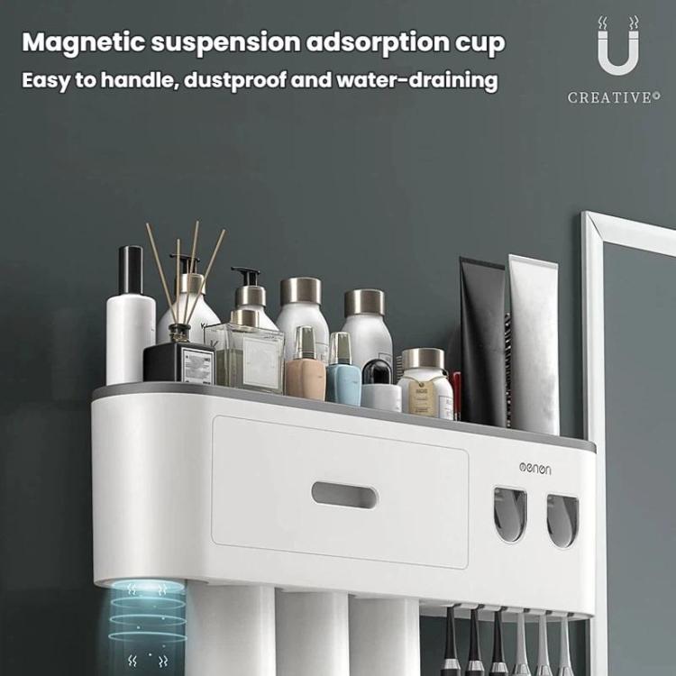 White multi-cup toothbrush organizer with dual dispenser ports for bathroom sink