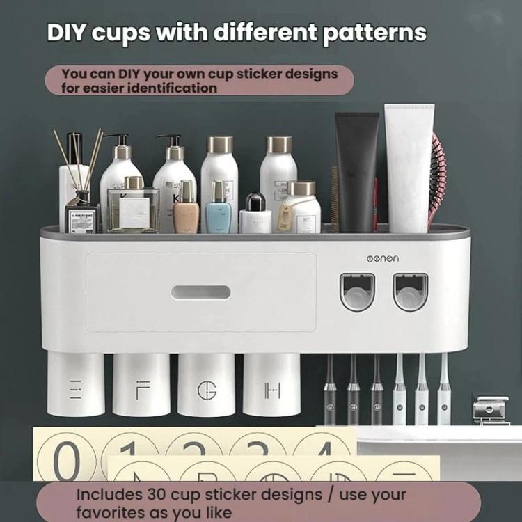 White toothbrush holder with multiple cups and dual toothpaste dispenser openings