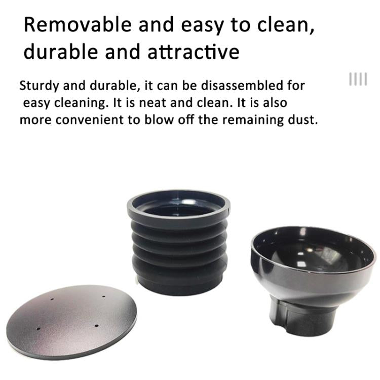 Removable bean hopper air blower parts: black ribbed base, round lid, and outlet cup
