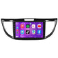 Car navigation head unit with 9-inch screen showing music, maps, and social apps