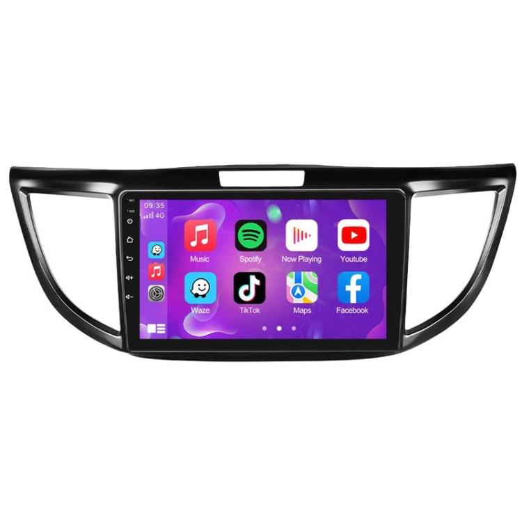 Car navigation head unit with 9-inch screen showing music, maps, and social apps