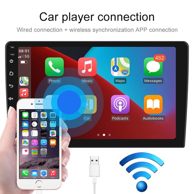 Car navigation connectivity showing wired and wireless CarPlay-style pairing with phone