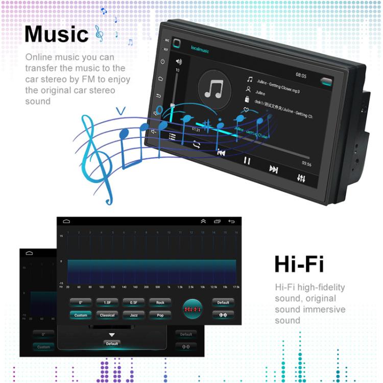 9-inch Android car navigation head unit with music and hi-fi interface screens