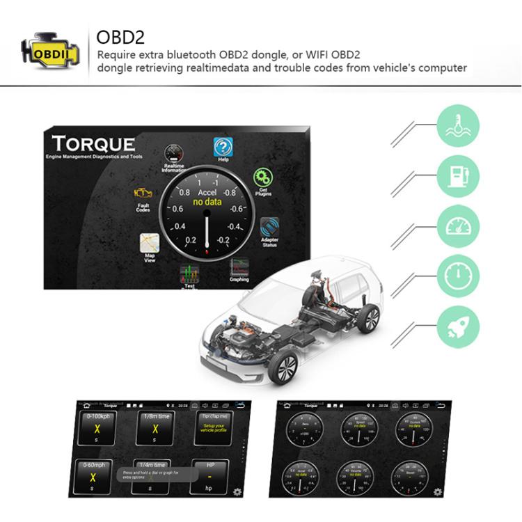 Android car navigation head unit with OBD2 Bluetooth dongle and Torque app screen