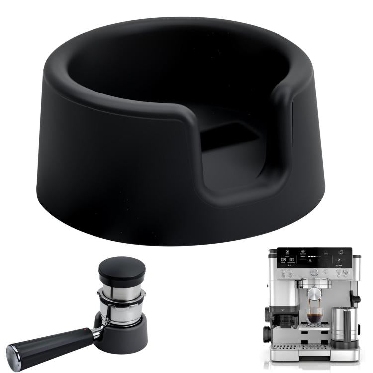 Black coffee portafilter tamping base stand with recessed holder for tamping