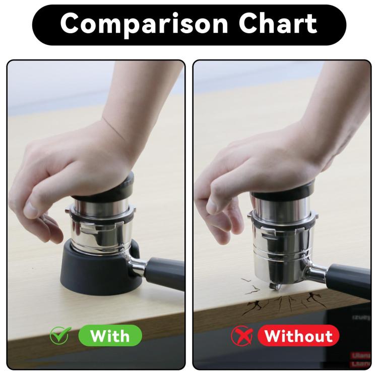 Black tamping base stand used with a portafilter for even, secure tamping