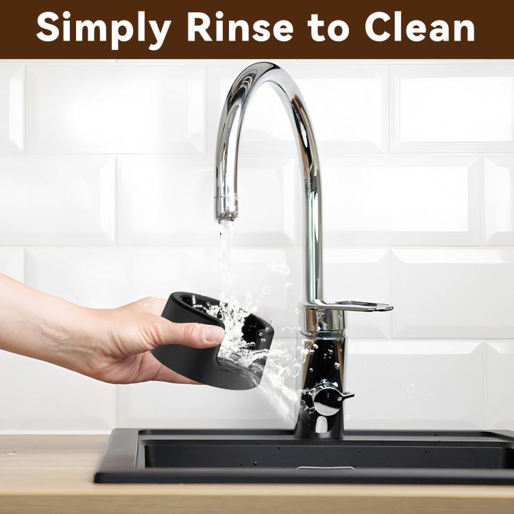 Black coffee tamping base stand with portafilter held over the cleaning area
