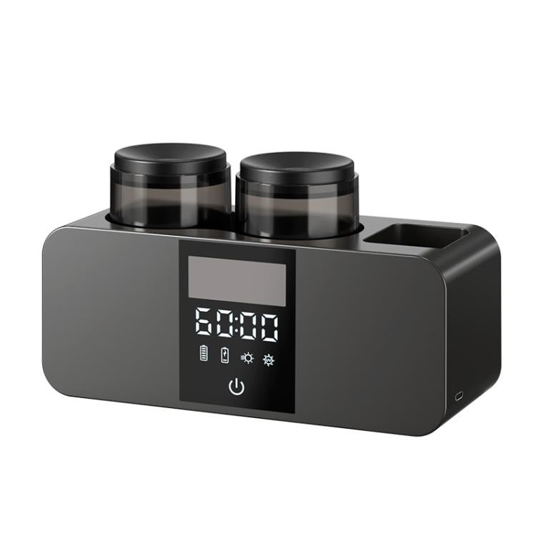 Black wall-mounted smart toothbrush holder with two cup lids and front digital display