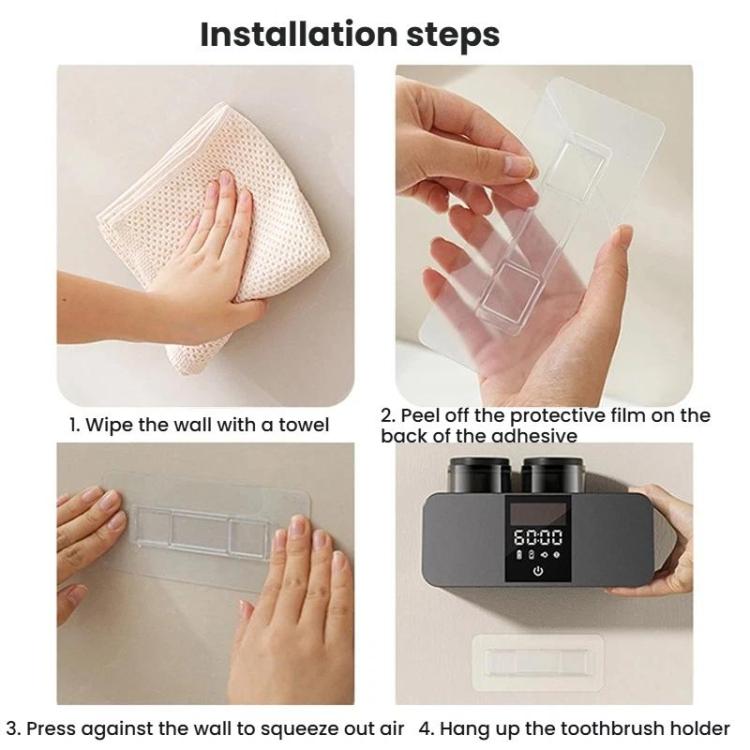 Wall mounting toothbrush holder installation steps with adhesive backing and pressing on wall.
