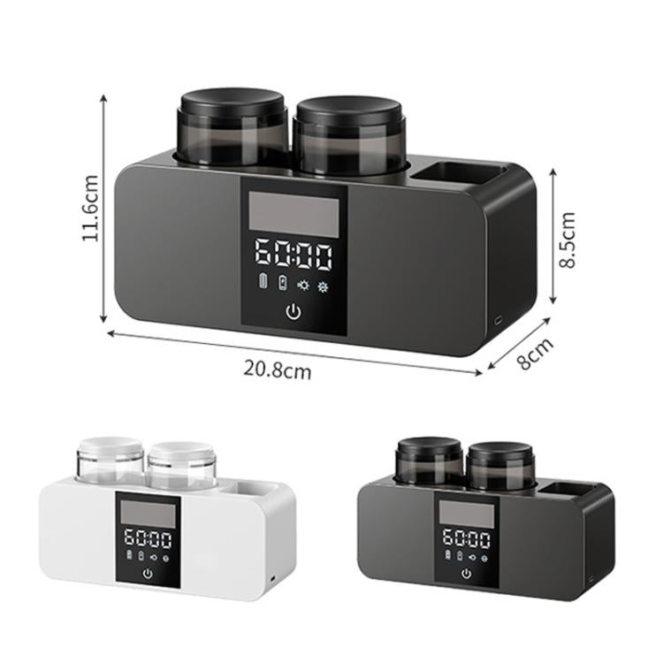 Toothbrush holder set with two cups in black and white, with size dimensions shown.