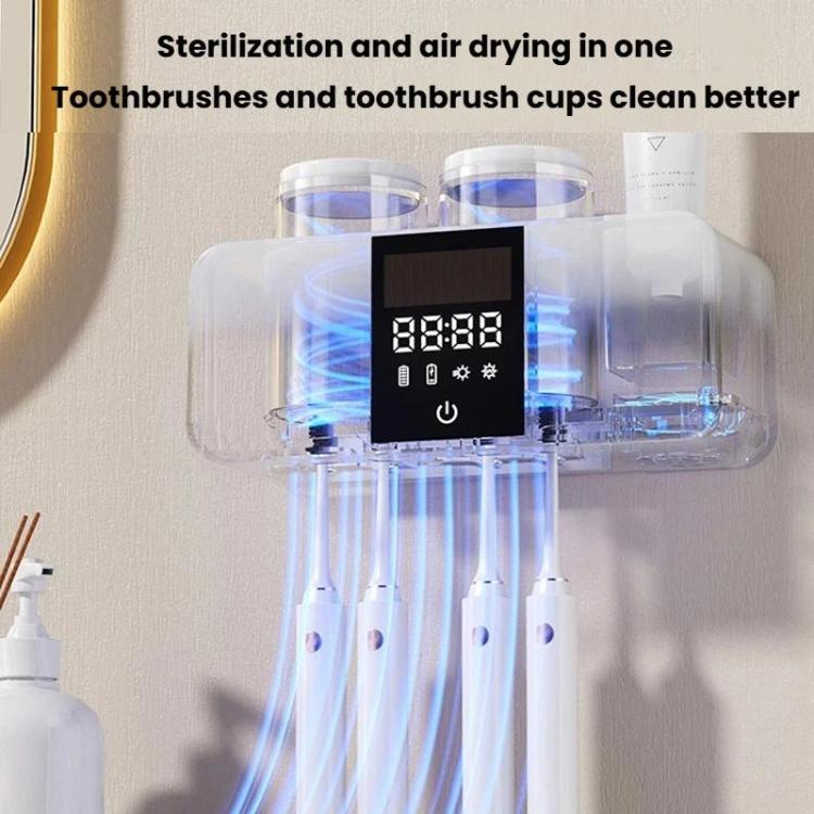 White smart toothbrush holder with UV sterilization and airflow drying shown by light trails