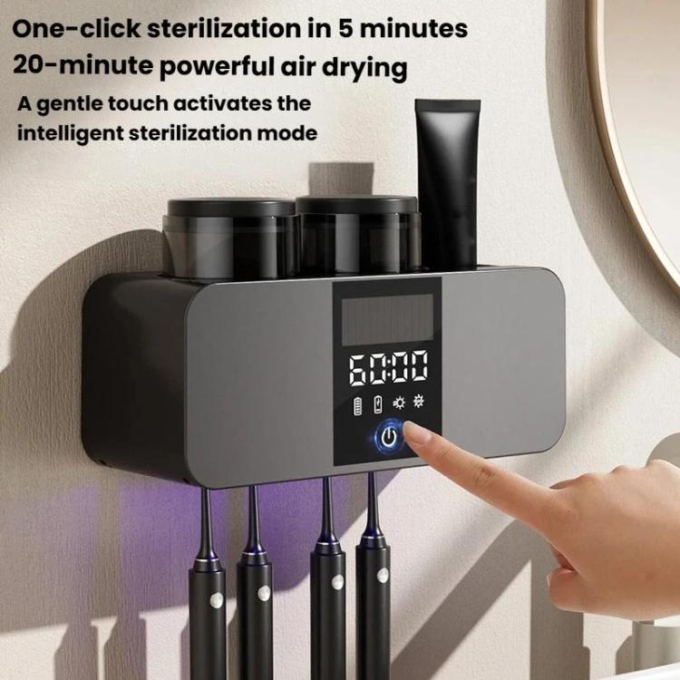 Black smart toothbrush holder with touchscreen-style display and finger activation