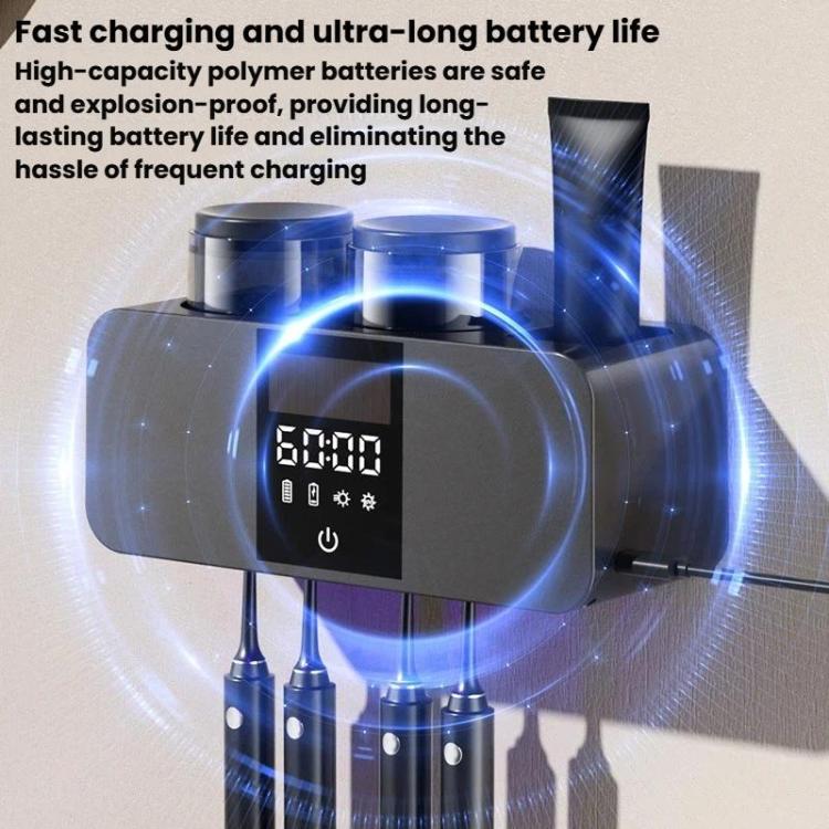 Black smart toothbrush holder with cups and blue charging indicator light effects