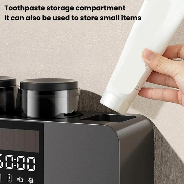 Black toothbrush holder with a front compartment for toothpaste storage and lid on top