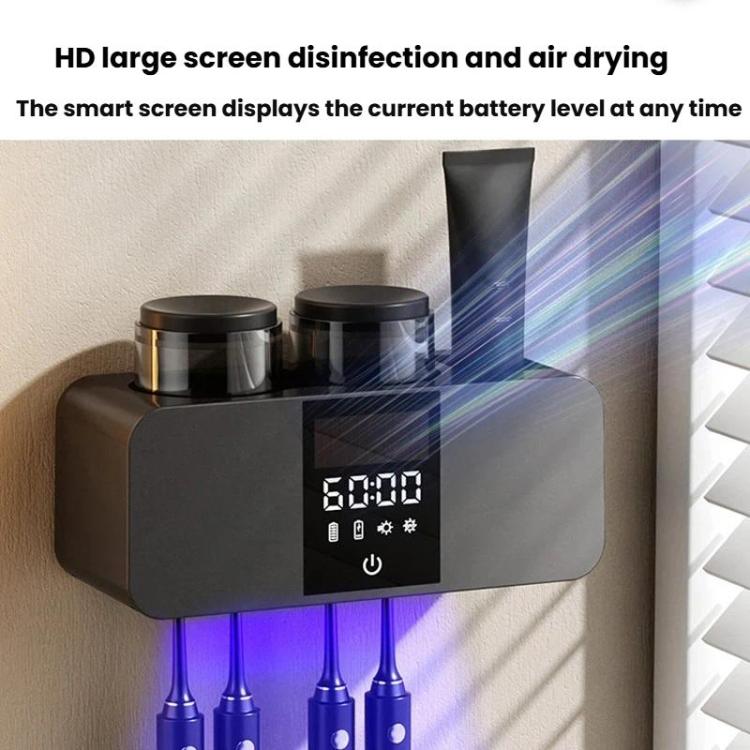 Black smart UV toothbrush holder with two cups and digital display screen, wall-mounted.