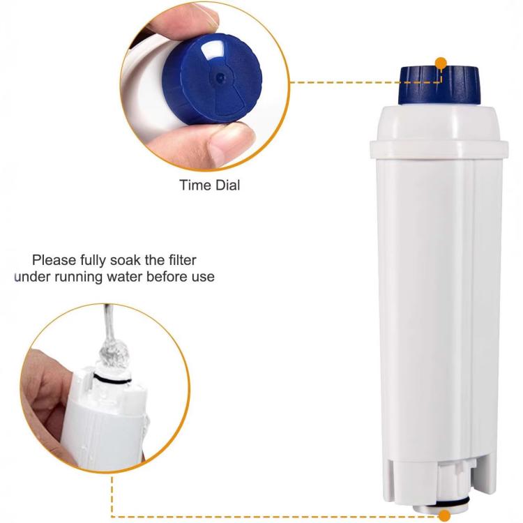 White replacement filter cartridge with blue cap and time dial illustration