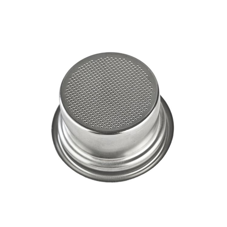 Top view of stainless steel portafilter basket filter with dense perforations