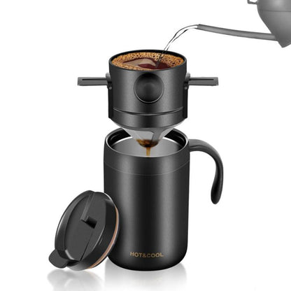 Black portable drip coffee cup with thermal cup and closed lid