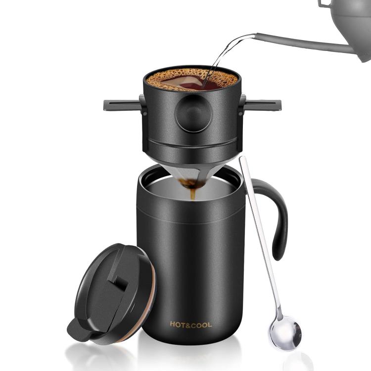 Black portable drip coffee cup with thermal cup, lid, and included spoon