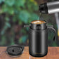 Black insulated coffee maker cup with drip brewer and snap-on lid