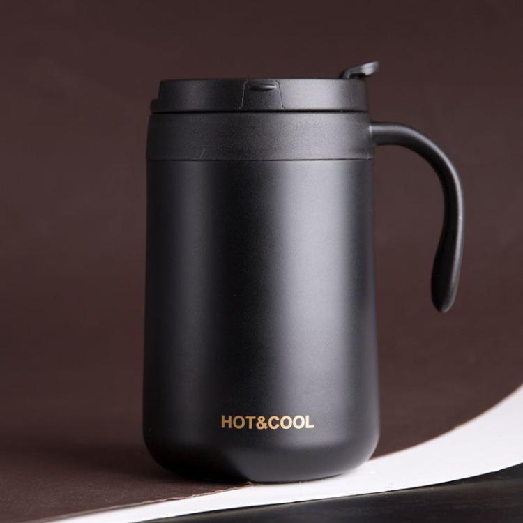 Black insulated coffee cup with side handle and flip-up lid