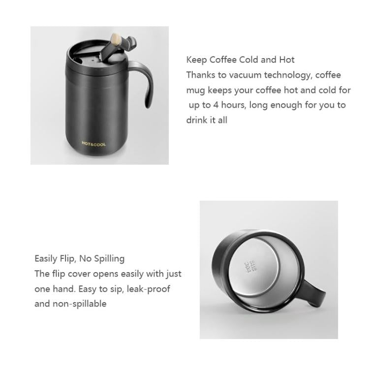 Black insulated coffee maker cup with lid, cup spout, and drip brewer