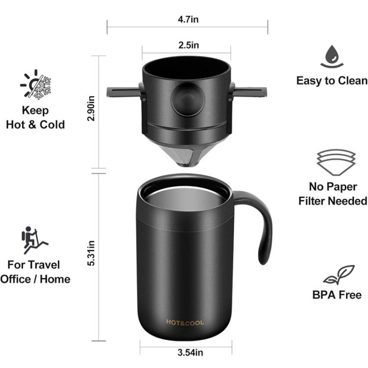 Black portable coffee maker cup with drip brewer and insulated thermos base